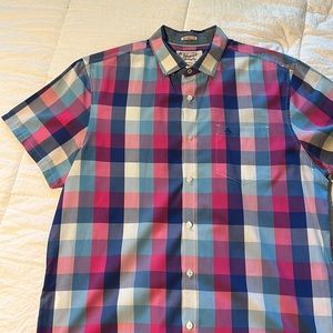 Mens blue, pink, purple and white checkered short sleeve button down